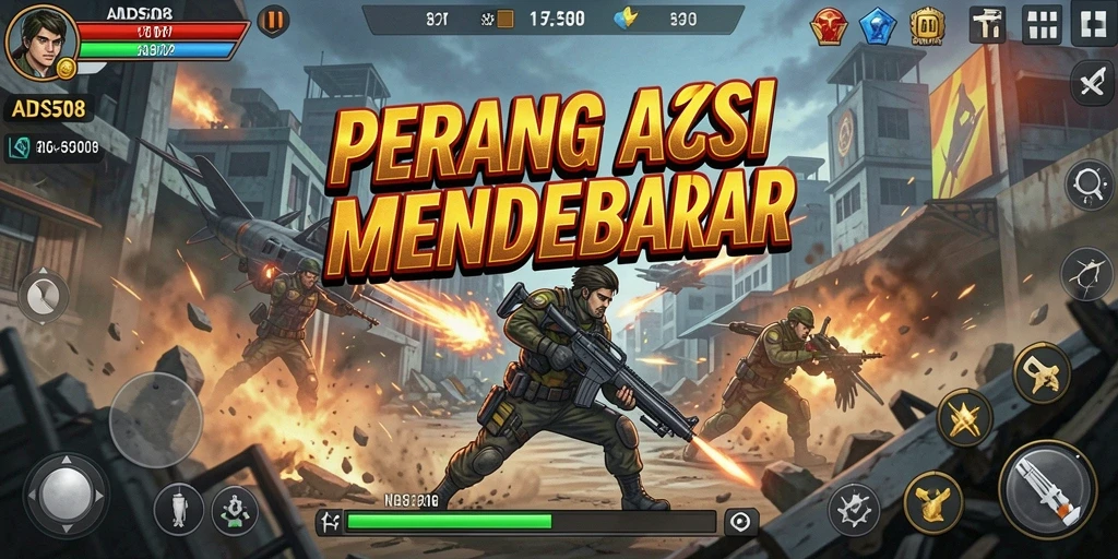 Screenshot utama ADS508 menampilkan aksi tembak-menembak yang epik.