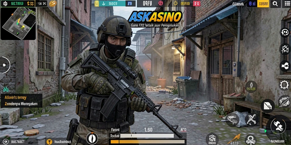 Tangkapan layar utama ASKASINO dengan aksi seru dalam gameplay FPS.