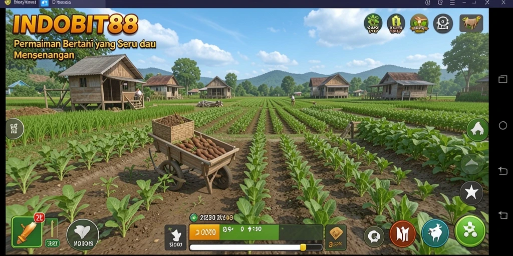 Screenshot gameplay INDOBIT88 menampilkan suasana ladang yang subur dan hewan ternak yang bahagia.